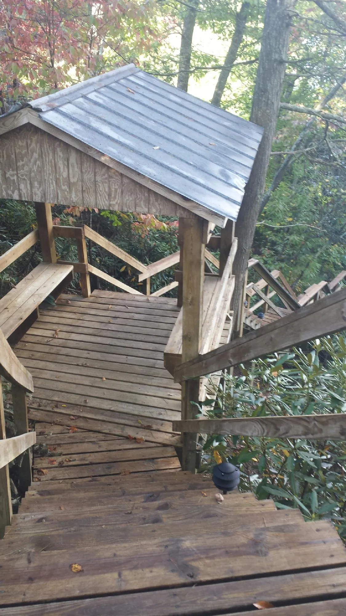Metal roofed shelter over wooden steps on a wooded walkway — Skylight Repair & Installation work by our crew in Lottsburg